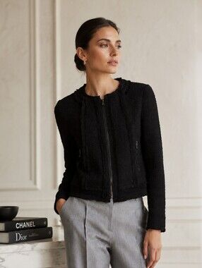 Rebecca Taylor Lamb Leather + Tweed Boucle Moto Jacket Blazer